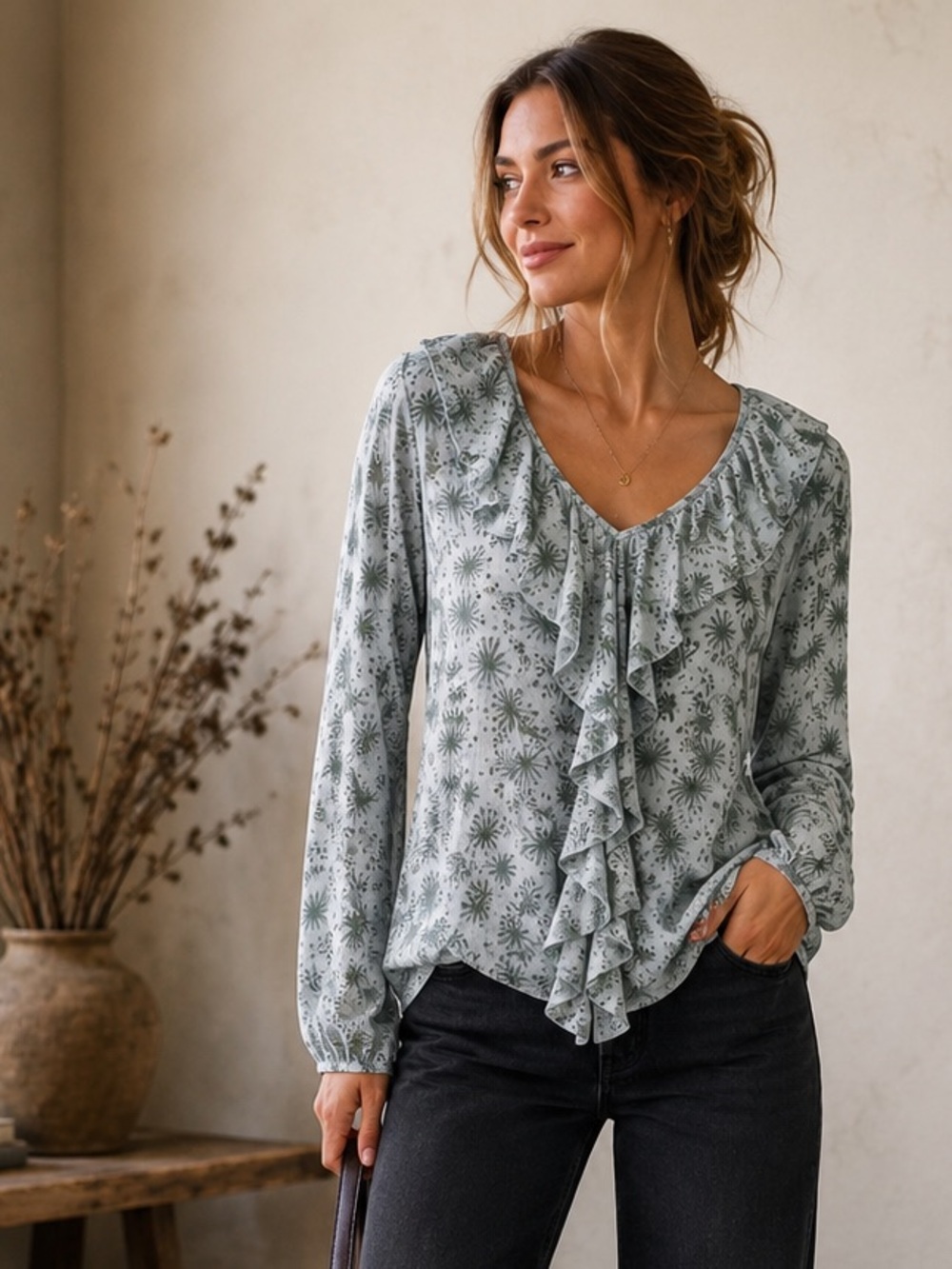 J.Jill Ruffle Cascade Top Medium Sage Green Floral Lagenlook Boho Artsy
